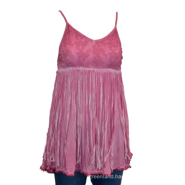 Stylish dusty rose fringe camisole with edge lace sexy V neck look camisole with long tassels dip dyed spaghetti top